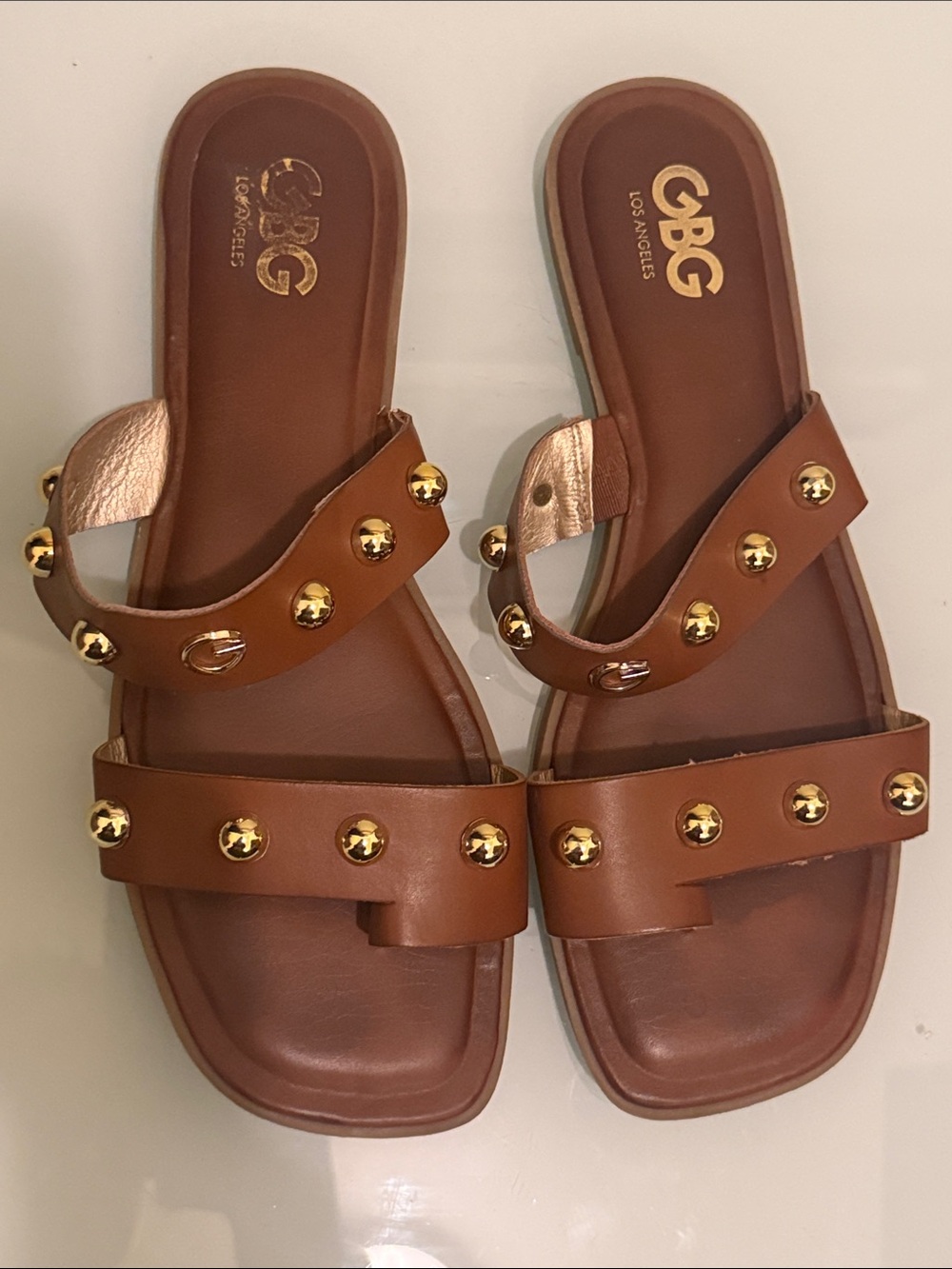 GBG Los Angeles Los Angeles Brown Studded Leather Slide Sandals
